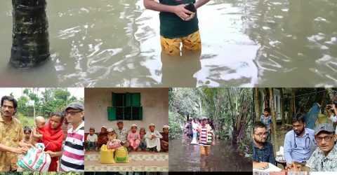 বানভাসি মানুষদের পাশে দাঁড়িয়ে বিরল দৃষ্টান্ত স্থাপন করেন সাংবাদিক হাসনাত তুহিন